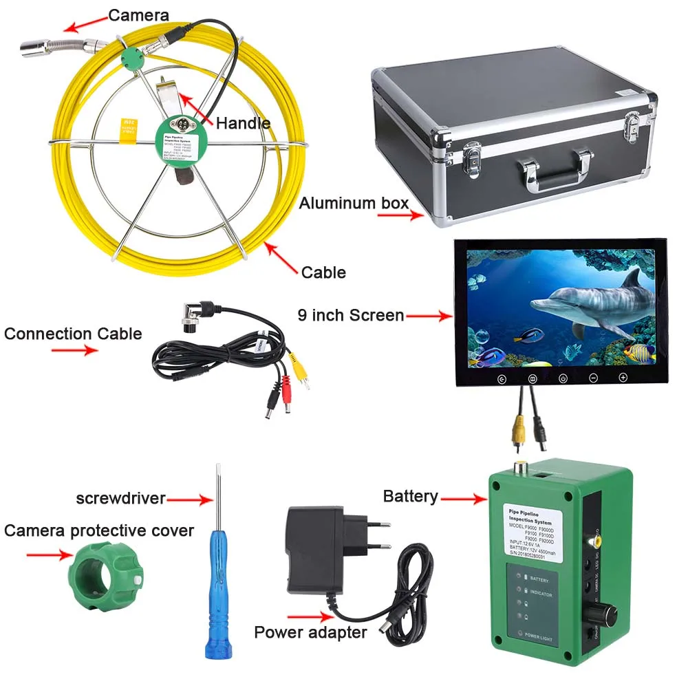 Беспроводная промышленная камера для канализации 9 дюймов Wi-Fi 22 мм IP68 1000 TVL 8 ламп |