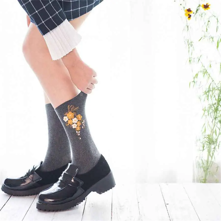 Носки женские теплые однотонные с вышивкой и цветами сливы|woman funny socks|novelty socksfunny