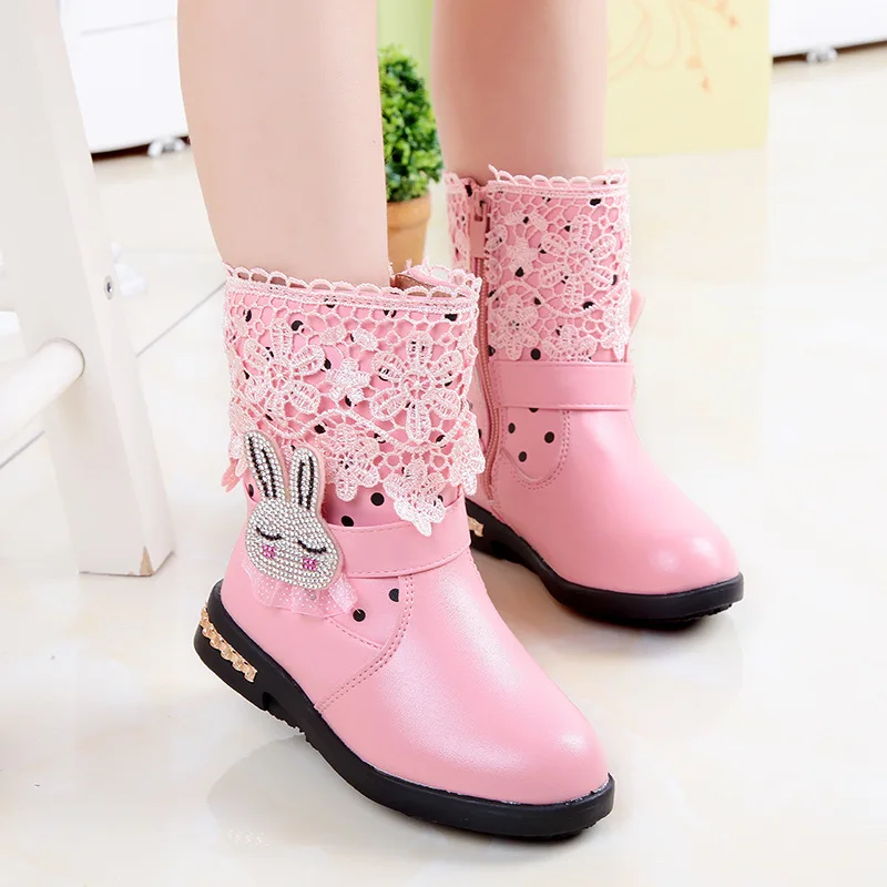 Зимние ботинки для девочек кружевные теплые детские принцессы с бантом бабочкой