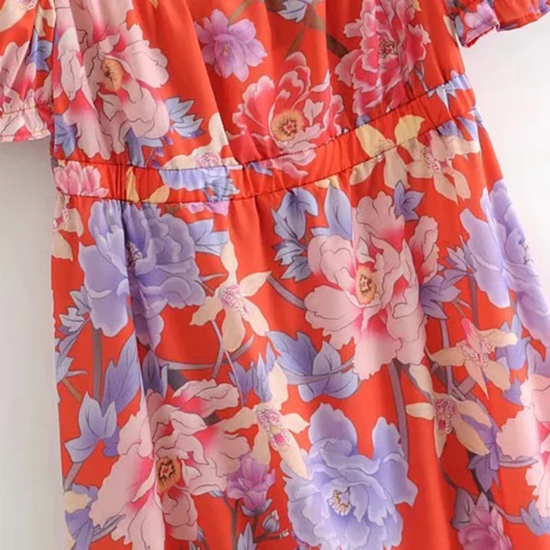 Vintage Chic Floral Print Buttons Maxi Dress Women Fashion Square Collar Short Sleeve Pleated Dresses Casual Vestidos Mujer