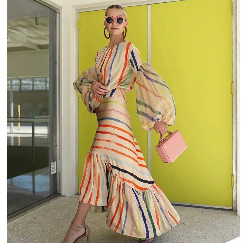 Дропшиппинг Асимметричный рукав фонарик в полоску модное повседневное