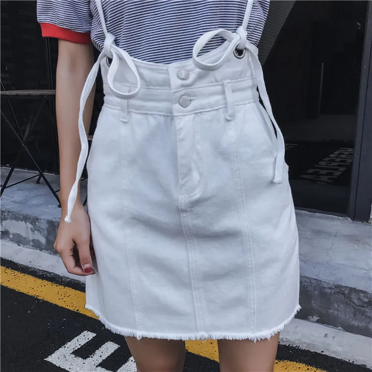 Черная, белая, синяя джинсовая юбка на подтяжках, женские летние новые джинсовые юбки с высокой талией, повседневные джинсовые юбки трапециевидной формы для колледжа, женские юбки s