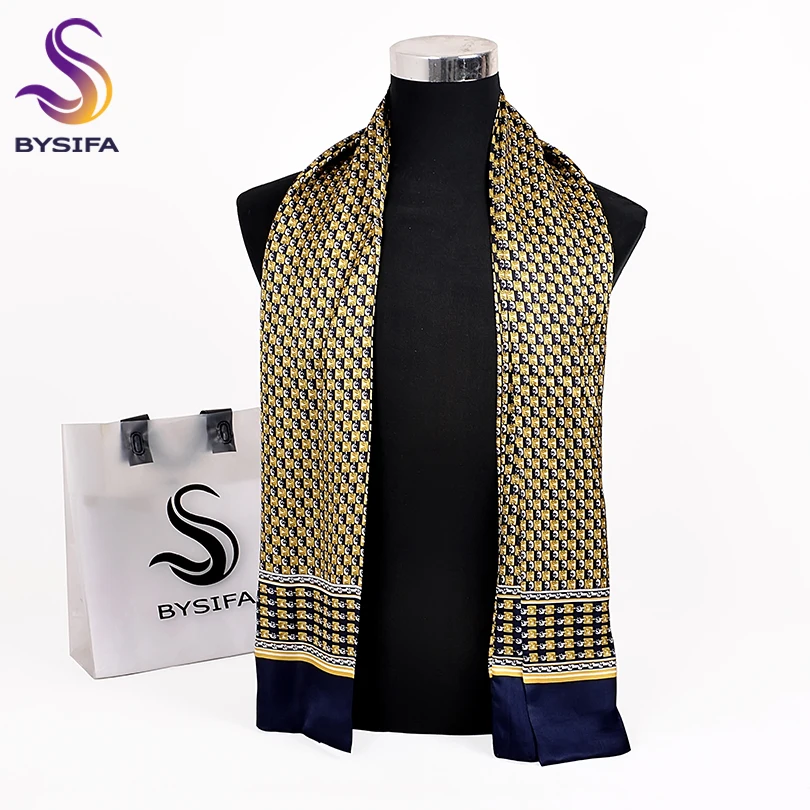 

[BYSIFA] Brand Men Silk Scarf Muffler Winter Neck Scarf Fashion Navy Blue Gold 100% Pure Silk Male Long Scarves Cravat 160*26cm