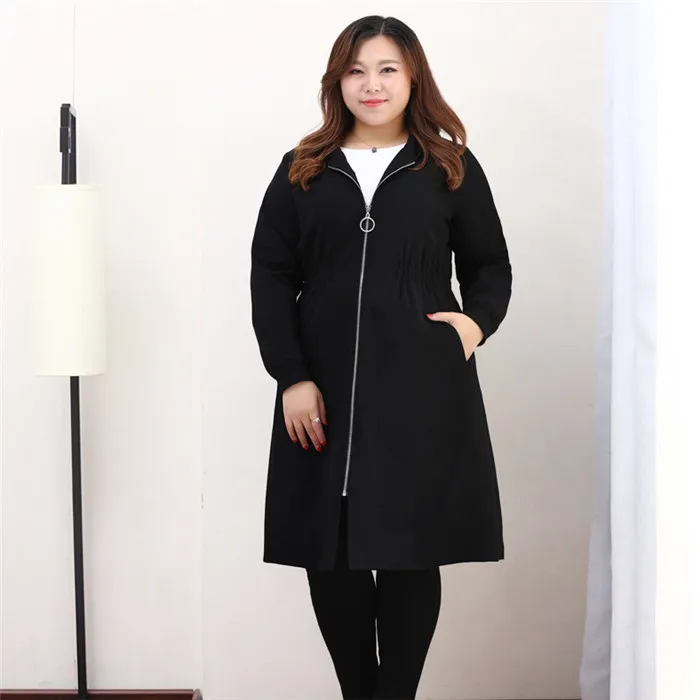Большой размер 4XL-10XL плащ с капюшоном Для женщин Демисезонный Длинная ветровка Женская Классическая Повседневное пальто на молнии черный Тренч G46