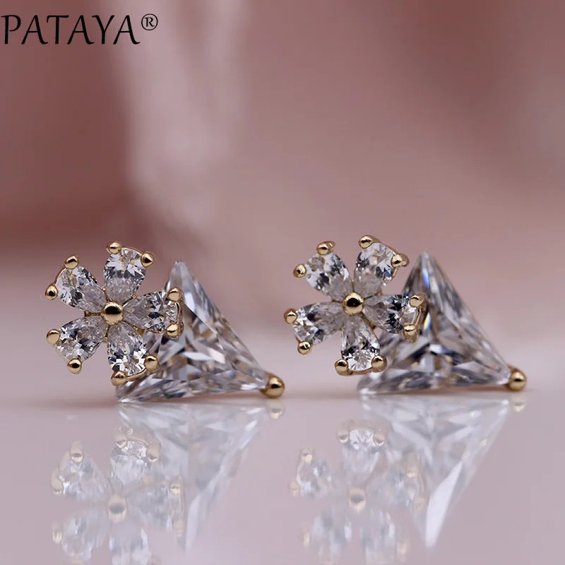 Новые Белые треугольные серьги-гвоздики PATAYA 585, розовое золото, Разноцветные серьги в форме капли воды, натуральный циркон, женские модные ювелирные изделия, простые серьги