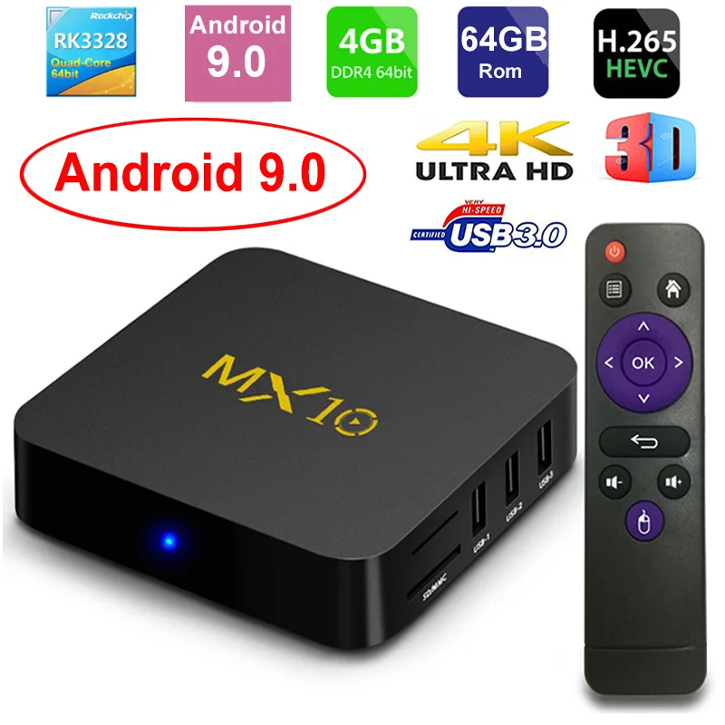 MX10 Смарт ТВ приставка Android 9,0 Rockchip RK3328 DDR4 4 ГБ ОЗУ 64 Гб ПЗУ IP ТВ смарт-приставка 4K USB 3,0 HDR H.265 медиаплеер коробка