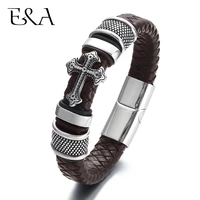 mens genuine leather bracelet braided 316l stainless steel magnet clasp cross charms woven bracelets trendy male bangle jewelry