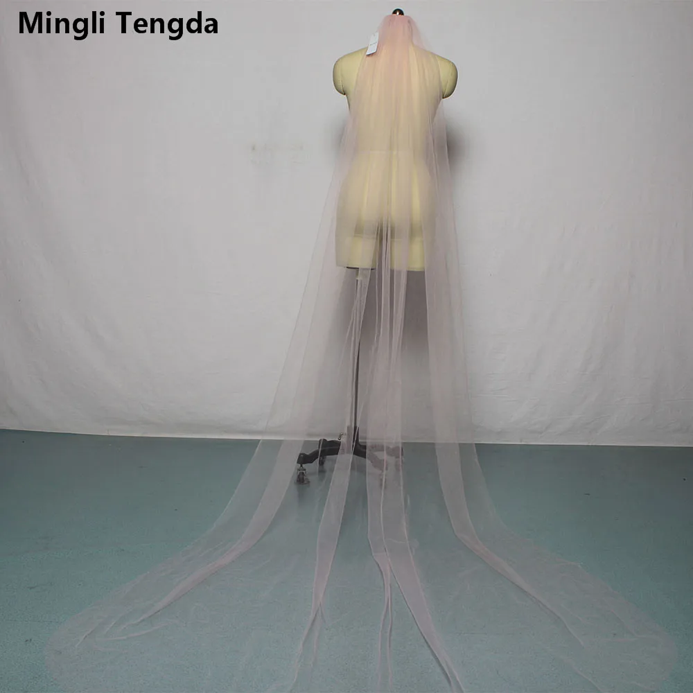 Фото Фата свадебная Mingli Tengda, однослойная розовая с гребнем, длиной 3 м, фата для невесты, с обрезанными краями №1