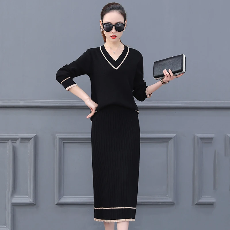 Модный женский вязаный костюм с v-образным вырезом Осень-зима 2018 свитер длинным