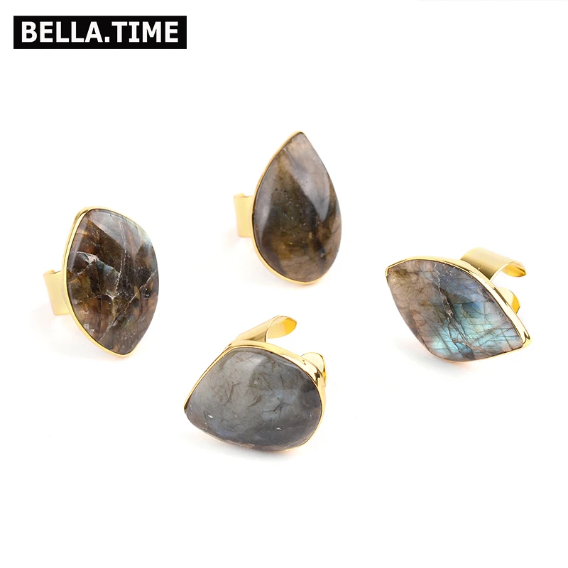 BELLA. TIME регулируемый натуральный камень лабрадорит Золотые открытые кольца для