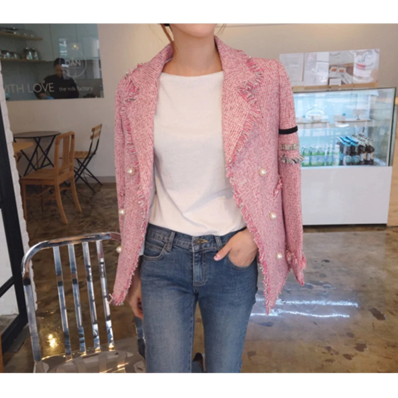 Женский твидовый Блейзер Rugod с жемчужинами элегантный винтажный пиджак бахромой