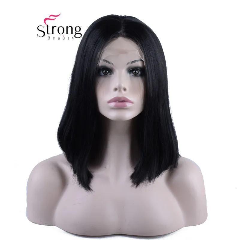 StrongBeauty синтетический парик на кружеве назад к зеленым бирюзовым бесклеевым Омбре Тон Цвет короткий боб волосы парики термостойкие - Цвет: Black