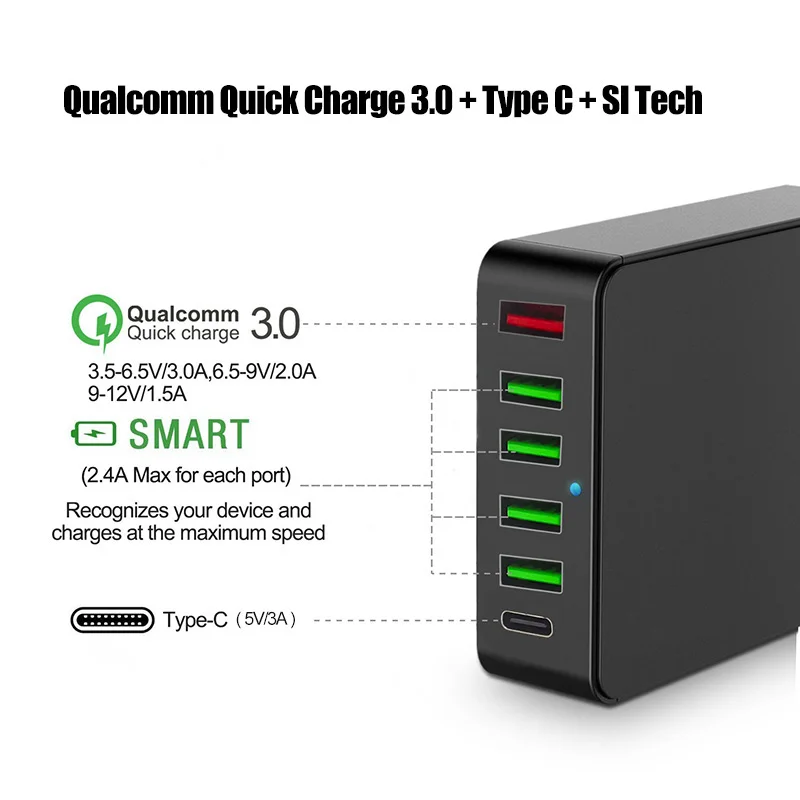 Быстрая зарядка 3 0 60 Вт USB зарядное устройство с 6 портами зарядная станция