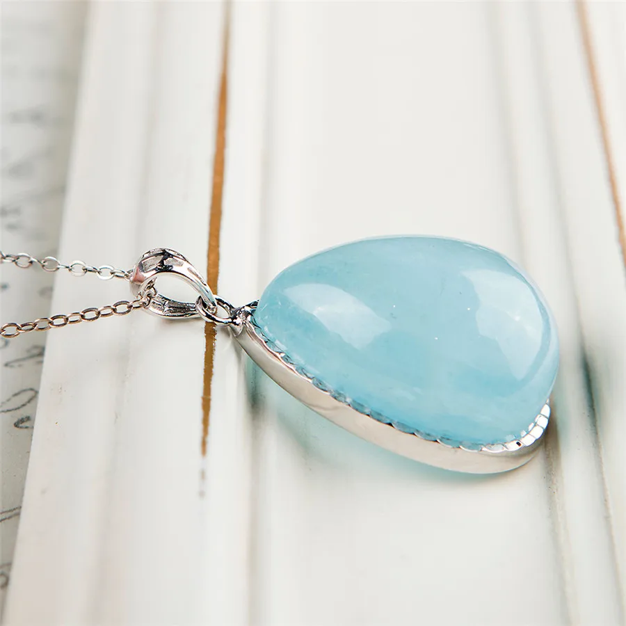 Настоящий естественный океанский голубой драгоценный камень Стерлинговое серебро женщин капля воды мода обаяние подвеска 36x25x15мм.