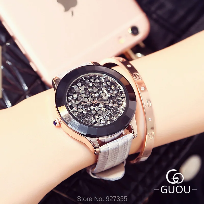 New Fashion Big Dial Women Watches Luxury Lady Gift Rhinestone Watch Gray Genuine Leather Wristwatches Waterproof Clocks | Наручные часы