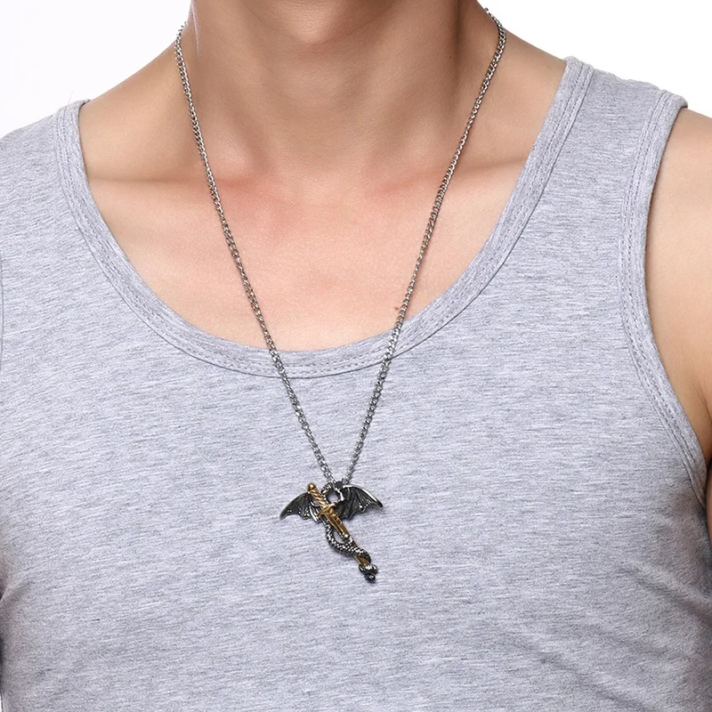 BIG J.W Gothic Pterosaur Sword Pendant Necklace for Men Cool Dragon Stainless Steel Punk Maxi Male Jewelry | Украшения и