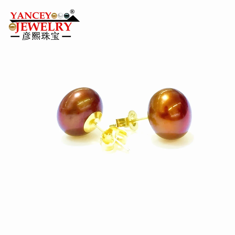 Женские серьги гвоздики с натуральным пресноводным жемчугом коричневые 9k золото