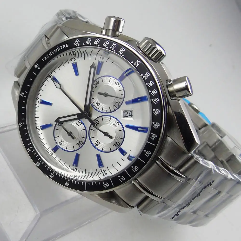 Модные 42 мм стерильные циферблат Мужские часы хронограф корпус из нержавеющей
