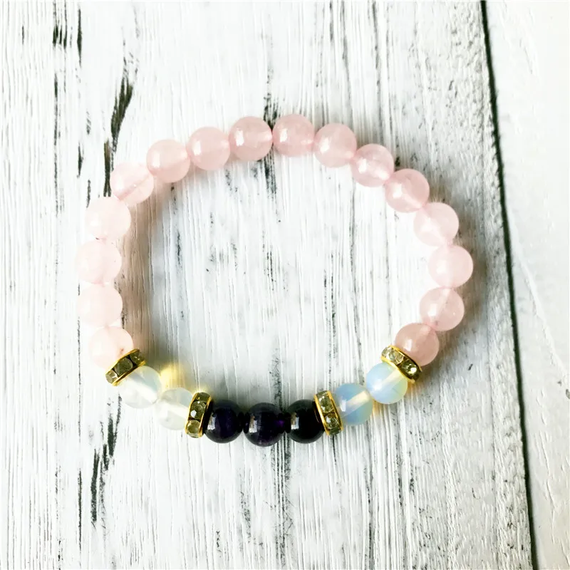Natural Opal Rosequartz Purple Quartz Bracelet Wrist Pink Beads Yoga Mala Women's Gift Energy Protection Jewelry | Украшения и