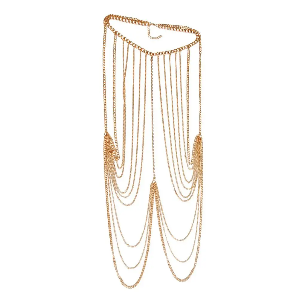 

Bikini Cross Body Link Chain Necklace to Waist Belly Belt Harness Women Body Full Metal Chain Gold Jewelry Necklace
