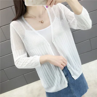 Fashion 2019 New spring and summer V-collar hollow thin bright light silk iced hemp knitted women's cardigan |