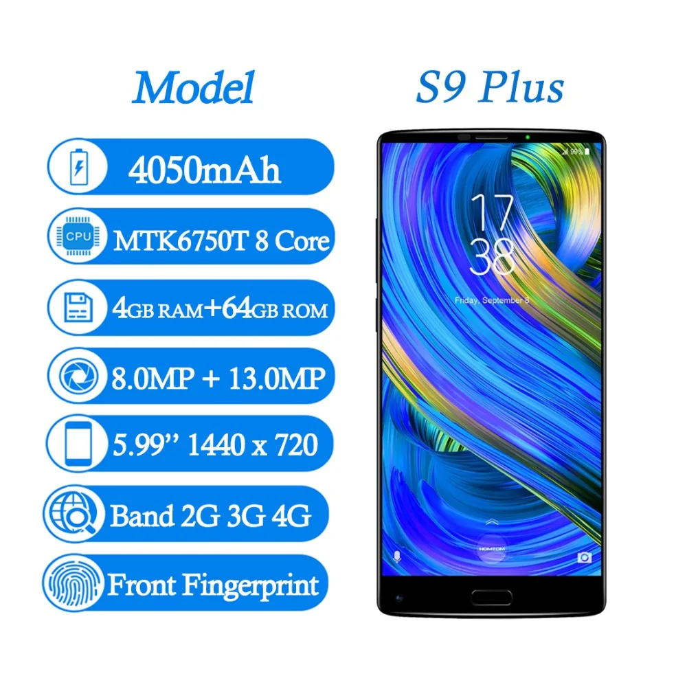 HOMTOM S9 плюс 5 99 &quotсмартфонов mtk6750t восемь ядер 4 ГБ + 64 телефонов 4050 мАч 13MP 16MP камеры