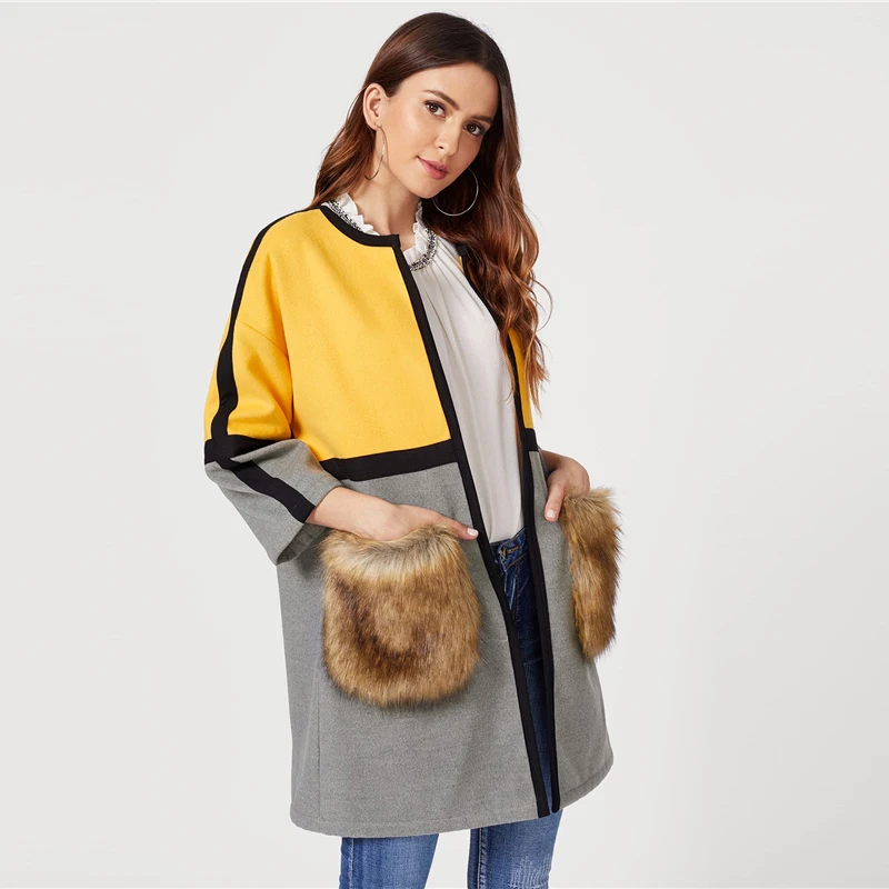 SHEIN Стильный Кардиган С Меховыми Карманами, Легкое Пальто С Контрастным Принтом