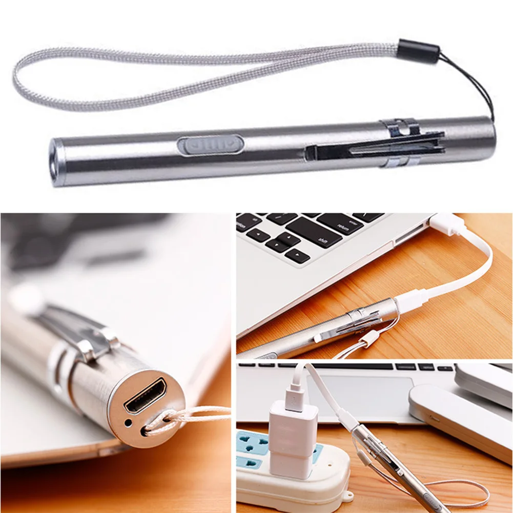 USB Перезаряжаемый светодиодный фонарик из нержавеющей стали, фонарь с зажимом для ручки, визуальный, оральный, портативный, для кемпинга, мини-фонарик#16