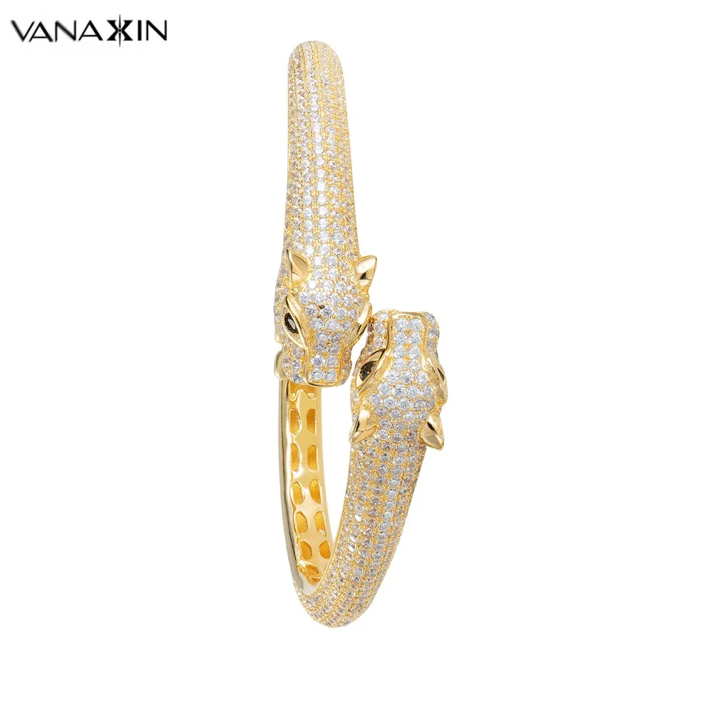 

VANAXIN 925 Sterling Silver Bracelets Charms Luxury Leopard Women Open Bangles Gold Color Bling Bling Clear Zircons Gift Box