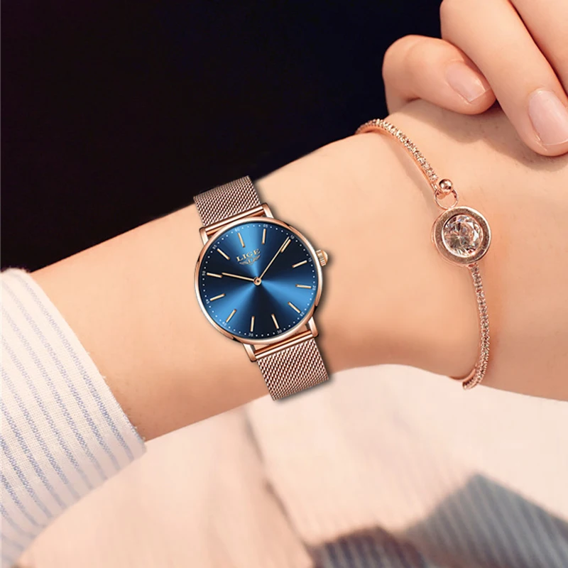 

LIGE Woman Watches Fashion Lady Quartz Watch Ultra-thin All Steel Rose Gold Watchband Waterproof Wristwatch Gift For Girl Clock