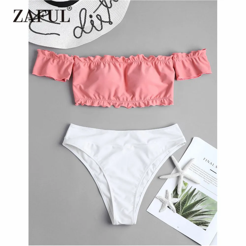 ZAFUL двухцветное бикини с открытыми плечами женский купальник высокой талией