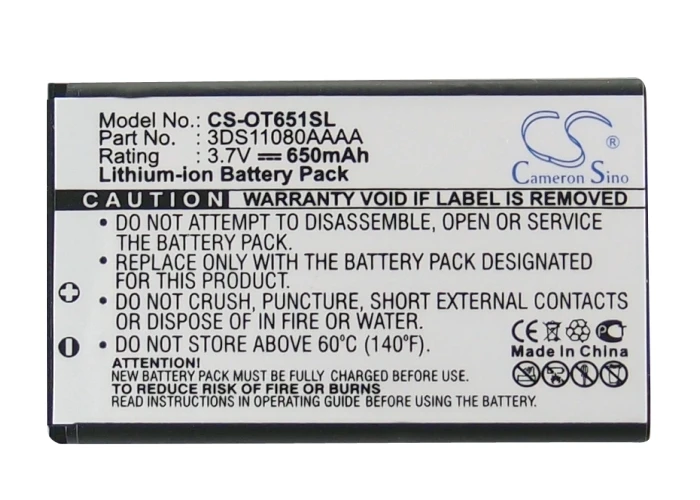 Аккумулятор Cameron Sino 650 мАч 3DS11080AAAA для Alcatel/Tchibo158 160252260265 C552 C650 E100 E157 E205 E230 E257 E801 E805