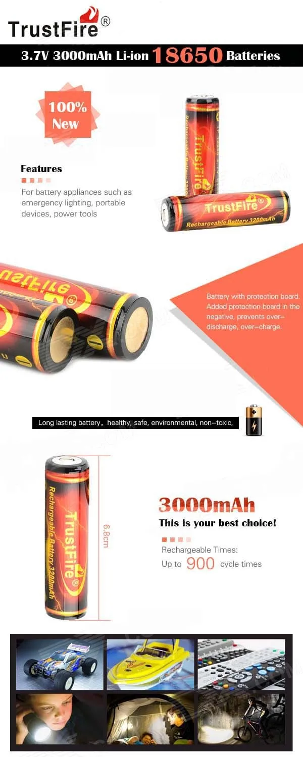 2 шт./лот TrustFire защищенные 18650 3,7 V 3000mAh литий-ионные аккумуляторы для фонарей