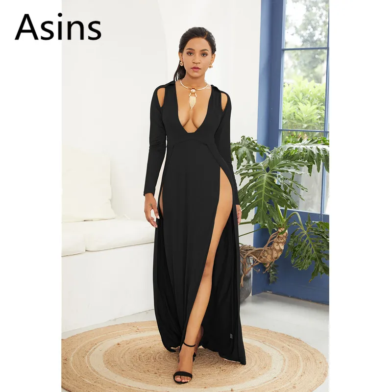 

Asins dress woman 2019 spring new casual fashion deep v neck high waist solid color long sleeve split sexy long irregular dress