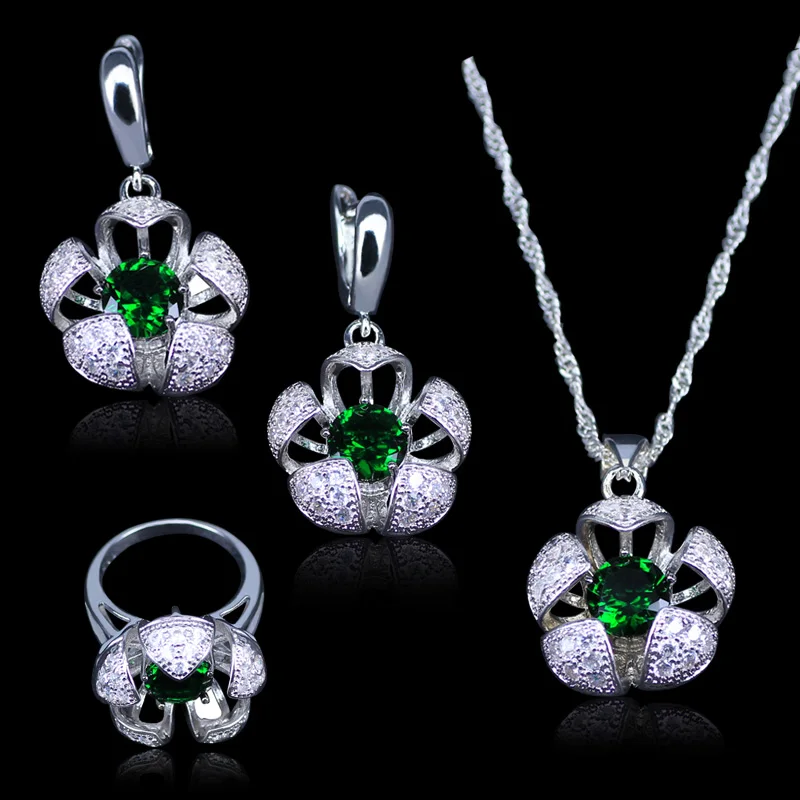 Fabulous 4PCS Jewelry Sets 925 Logo Silver Color Green Zircon Earrings Rings Necklace Pendant Bracelets Best Present For Women | Украшения