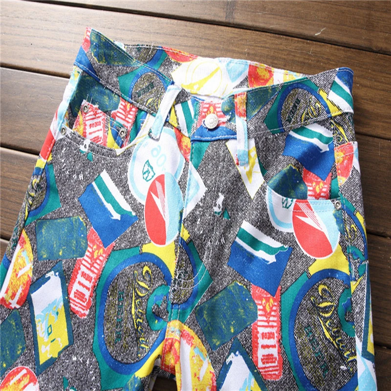 Мужские джинсовые брюки с принтом в стиле хип хоп облегающие Стрейчевые