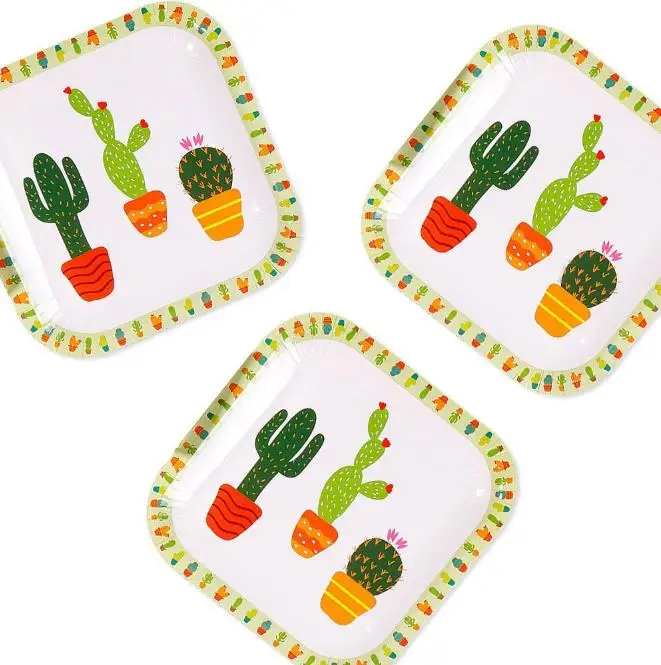 10Pcs 9inch Вечерние одноразовые столовые приборы в виде кактуса для вечеринки, украшения для дня рождения, Детские сувениры, бумажные тарелки и стаканы в виде кактуса, Гавайские вечерние принадлежности - Цвет: 10Pcs 9inch
