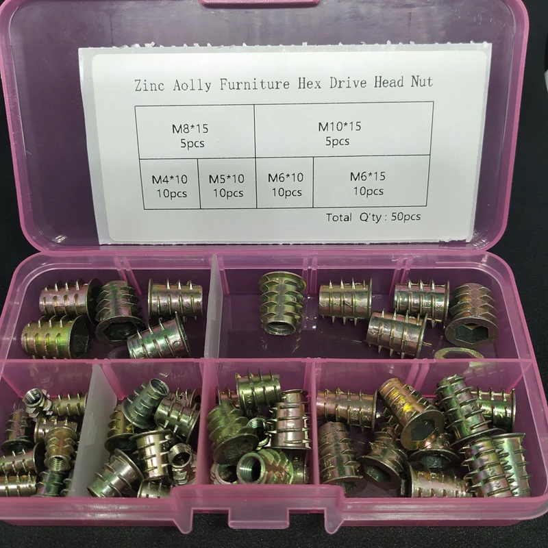 50pcs/set M4 M5 M6 M8 M10 Threaded Wood Insert Nut Flanged Hex Drive Head Furniture Nuts Assortments Kits | Строительство и