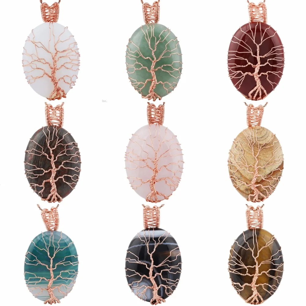 

SUNYIK Oval Gem Stone Handmade Wire Wrapped Tree of Life Pendant Charms Necklace,Healing Reiki (Free Chain)