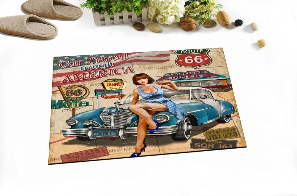 LB 60*40 Винтаж исторический Route 66 США автомобилей мотоциклов Ванная комната ковровое покрытие Коврик Кухня Туалет ковер для человек Гостиная