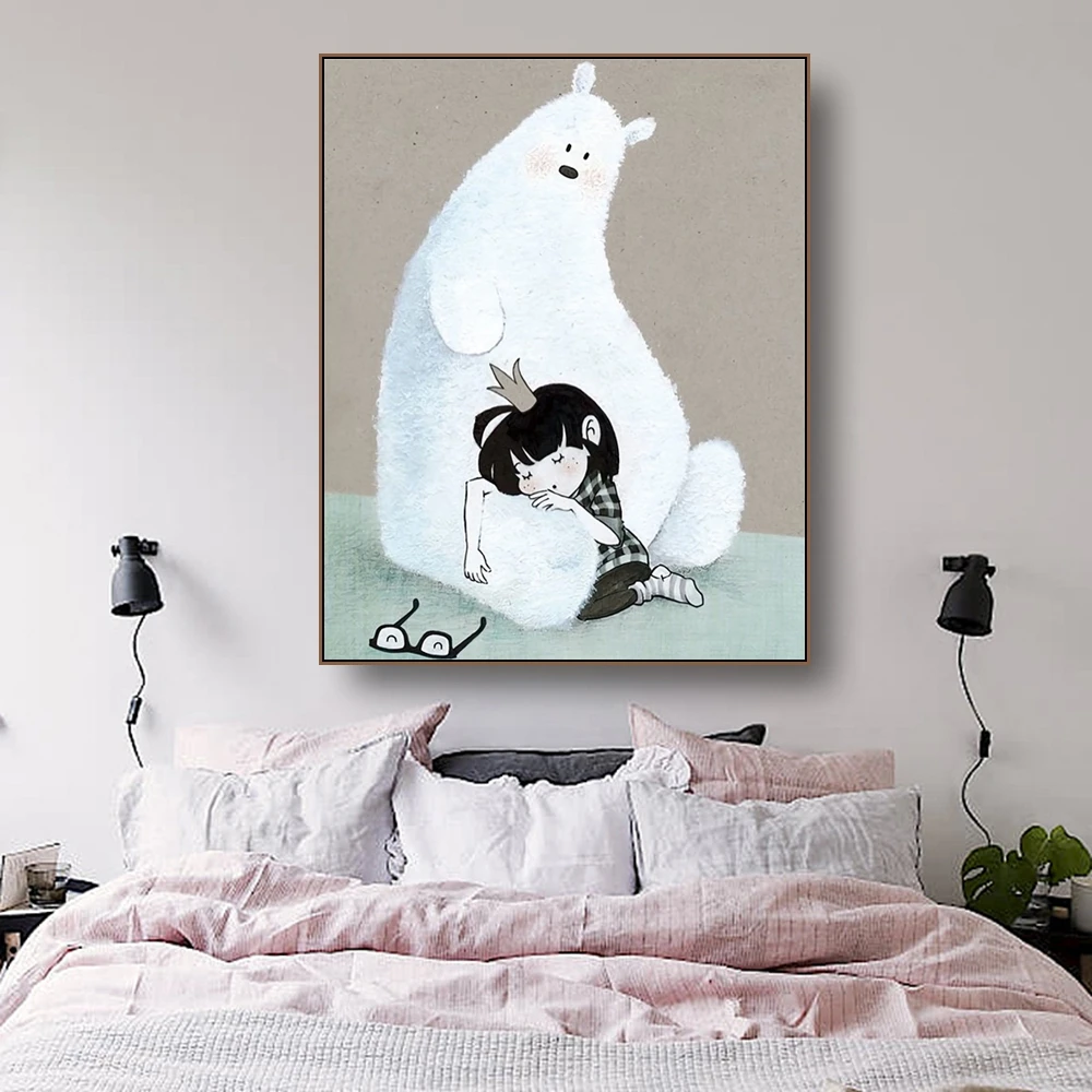 

Laeacco Canvas Calligraphy Painting Cartoon White Bear and Little Girl Posters Prints Wall Art Picture Living Room Home Decor