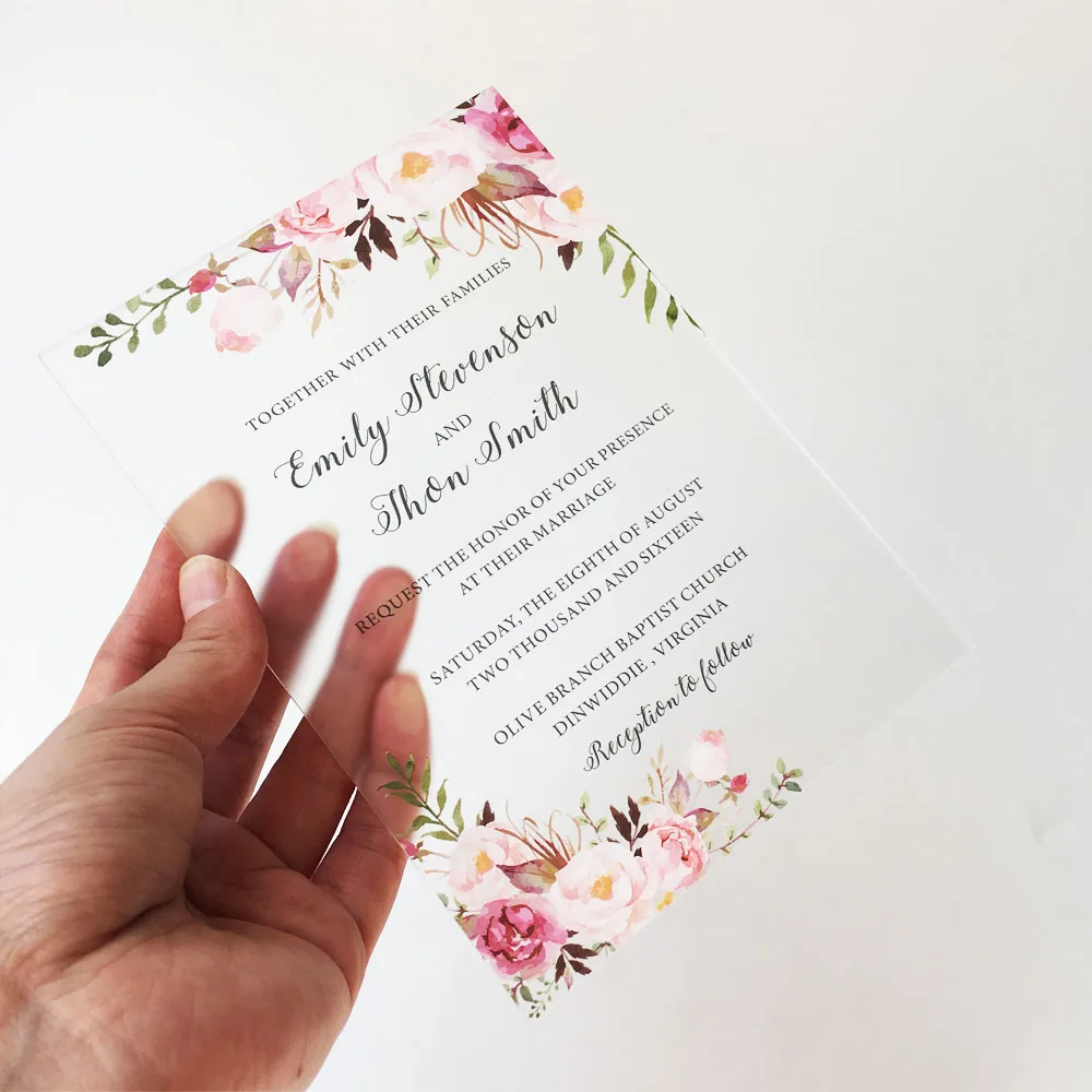 

Personalised 50pcs per Lot Rustic Floral Water Color Style 5x7inch Frosted Acrylic Wedding Invitation Cards
