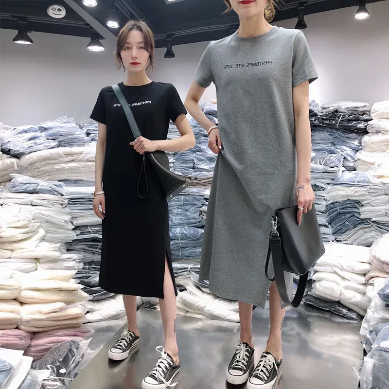 Женское Макси Платье с разрезом Vogue повседневное длинное платье футболка размера