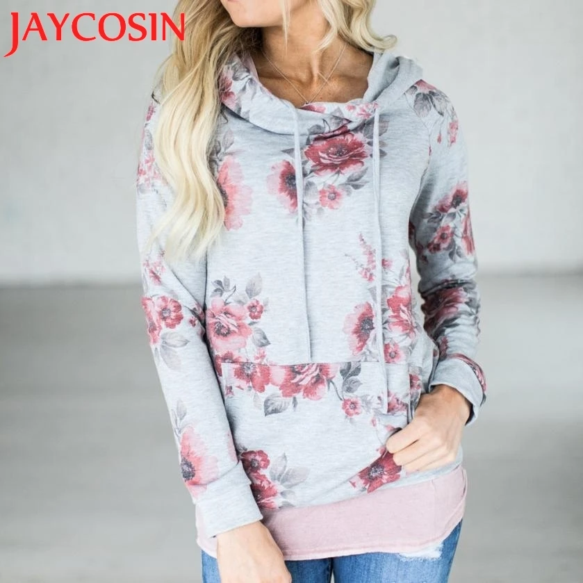 2017 Женский Повседневный модный свободный свитер с капюшоном и цветочным принтом