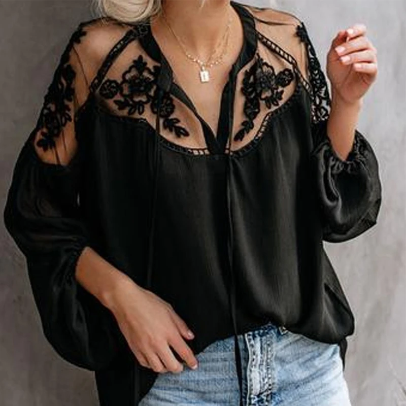 Женская кружевная блузка Boho свободная с рукавом фонариком из шифона BS335|Блузки| |