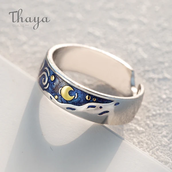 male rings Эмалированные парные кольца Thaya Van Gogh, небесная звезда, Луна, s925 Серебряные блестящие кольца, обручальное кольцо, свадебные ювелирные изделия для женщин - Цвет камня: male rings