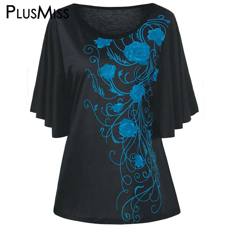 PlusMiss размера плюс 5XL Цветочный принт рукав летучая мышь футболка женская одежда