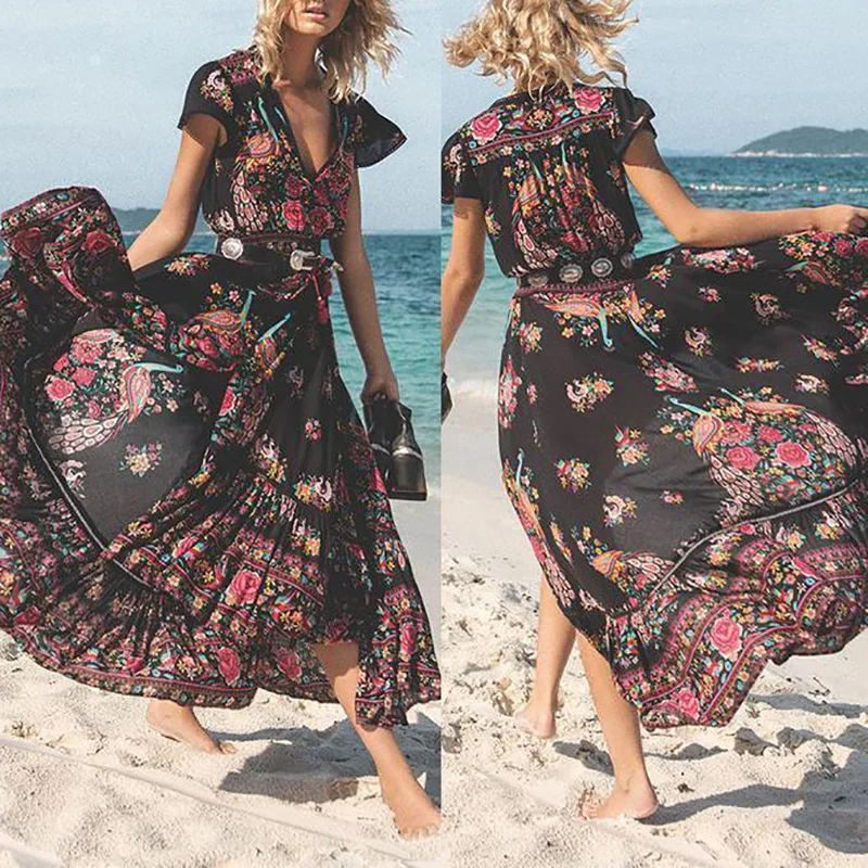 Летние женские шифоновые Boho Макси длинные пляжные вечерние платья для