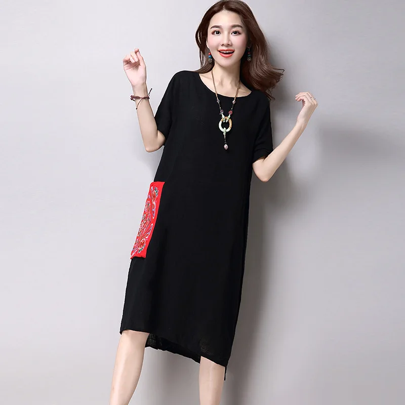 Free Shipping 2017 Summer Women Dress Chinese Style Vintage Printing Loose Natural Cotton Linen Female Elegant Party | Женская одежда