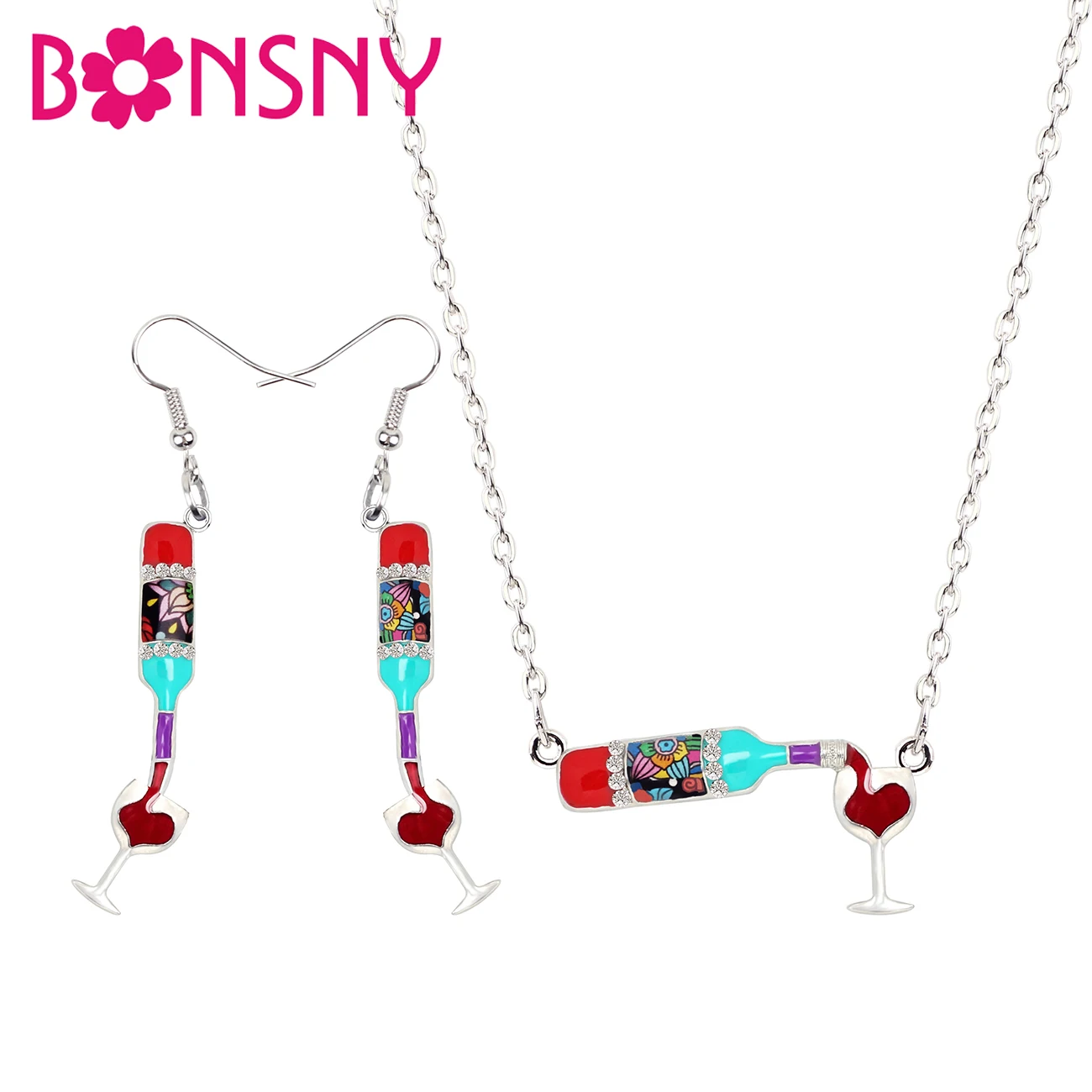 

Bonsny Enamel Alloy Red Wine Bottle Cup Earrings Drop Ear Cuff Necklace Pendant Jewelry Sets Novelty Jewelry For Women Girl Gift